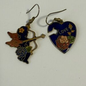 Vintage Cloisonné Cupid and Heart Dangling Earrings in Blue and Gold 80’s Love